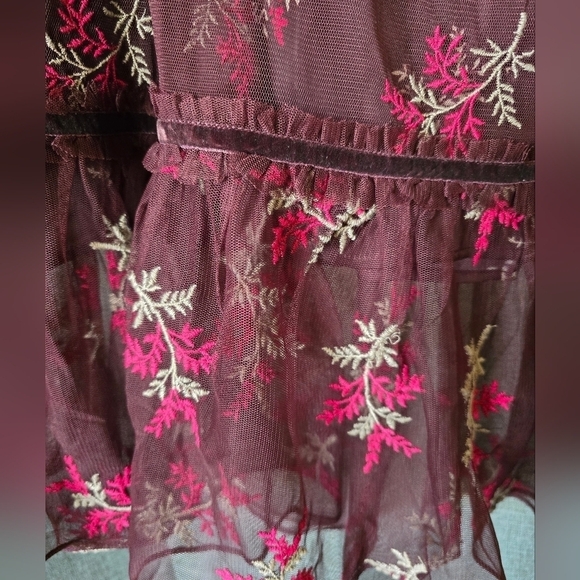 Sundance Aster Bloom Skirt Knee Length Size XL Maroon Tulle Embroidered Ruffle - Picture 2 of 7